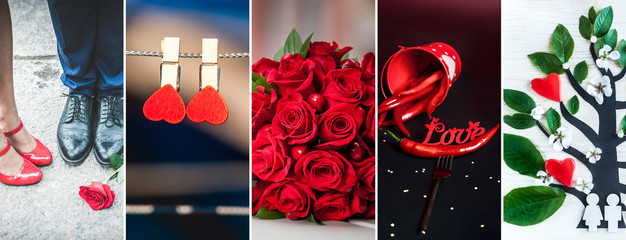 Collage, set Valentine's Day, five photos on love in red, hearts, roses, love