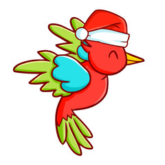 Funny and cute red green blue bird wearing Santa's hat for Christmas and smiling - vector.