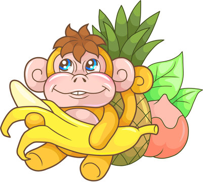 cartoon cute monkey with banana, funny illustration

