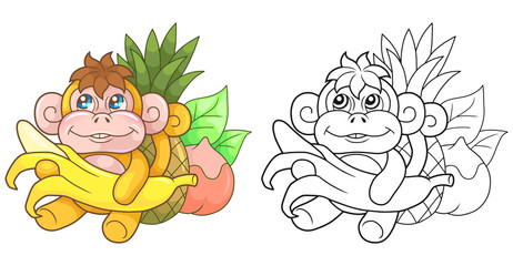 cartoon cute monkey with banana, funny illustration
