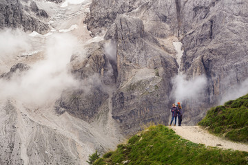 tourist girls at the Dolomites