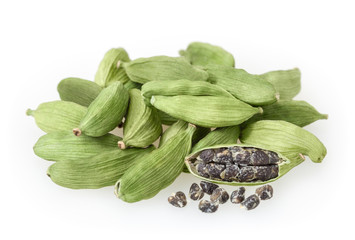 Green cardamon pods isolated on white background