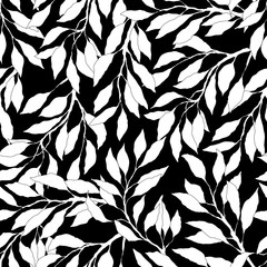 Black and white seamless pattern with leafs and plants, foliage background, vector illustration.