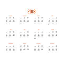 Vector calendar - Year 2018. Week starts from Sunday. Simple flat vector illustration with orange headers.