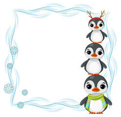 Obraz premium Large rectangular frame winter with snow, snowflakes and penguin. 