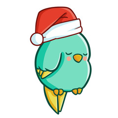 Cute and funny green sleeping bird wearing Santa's hat for Christmas and smiling - vector.