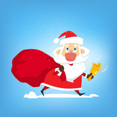 Santa Claus walks with big red bag of gifts and bell in hands.