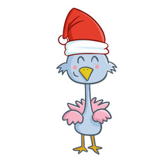 Cute and funny blue chicken wearing Santa's hat for Christmas and smiling - vector.
