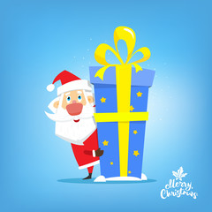 Santa Claus with big gift of new year in box. Vector, flat