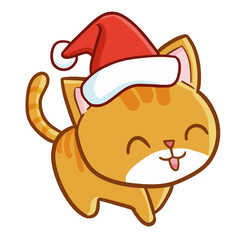 Funny and cute orange cat wearing Santa's hat and smiling - vector.