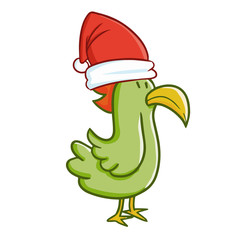 Cute and funny green chicken wearing Santa's hat for Christmas - vector.