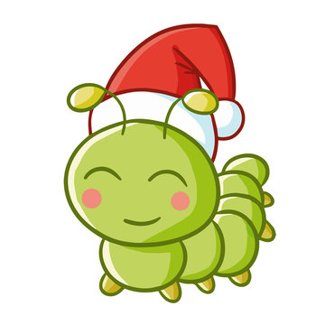 Cute and funny caterpillar wearing Santa's hat for Christmas and smiling - vector.