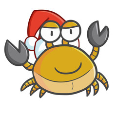 Cute and funny yellow crab wearing Santa's hat for Christmas and smiling - vector.