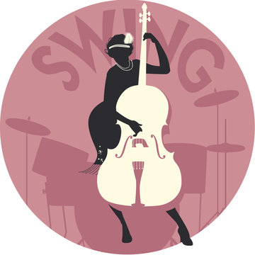 Musical style. Swing. Silhouette of flapper girl playing double bass and drums in the background