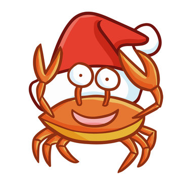 Cute and funny crab wearing Santa's hat for Christmas and smiling - vector.