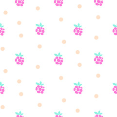 Raspberry fruit neon light seamless vector pattern. Cute dotted background for print.