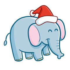 Funny and cute blue elephant wearing Santa's hat for Christmas and smiling - vector.