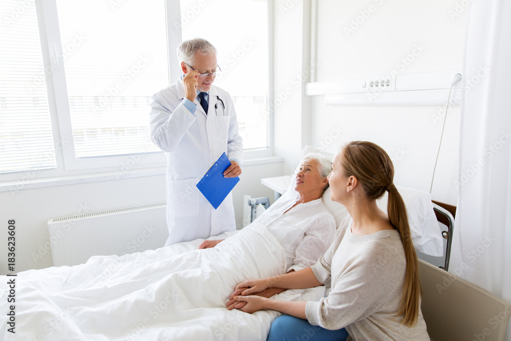 Poster senior woman and doctor with clipboard at hospital