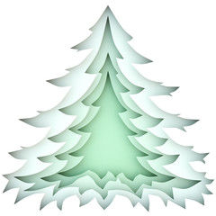 Paper cut Christmas tree background. 3d illustration.