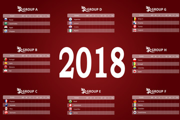 Russia 2018 championship. Vector flags and groups. World football championship. Soccer tournament. All groups with illustrated round flags. Convenient tables for recording match results and scoring