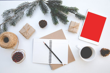 Christmas desk table space top overhead design style tablet red isolated book gift pine coffee