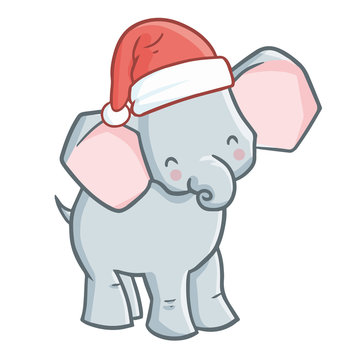 Cute and funny grey elephant wearing Santa's hat for Christmas and smiling - vector.