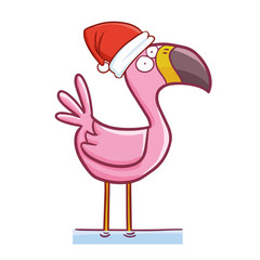 Funny and cute flaming wearing Santa's hat and smiling - vector.