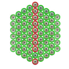 The exclamation point of red batteries on the background of green batteries, top view, white background, icon, isolated