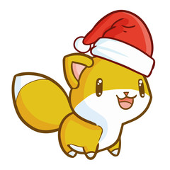 Funny and cute fox wearing Santa's hat and smiling - vector.