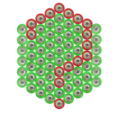 Question mark of red batteries on the background of green batteries, top view, white background, icon, isolated
