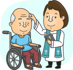Man Priest Anoint Sick Wheel Chair Senior Illustration