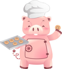 Piggy Bank Robot Mascot Bake Cookies Illustration