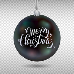 Xmas decoration, black glass ball with silver inscription Merry Christmas on transparent background. - 183624888