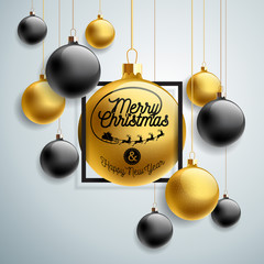 Vector Merry Christmas Illustration with Gold Glass Ball and Typography Elements on Light Background. Holiday Design for Premium Greeting Card, Party Invitation or Promo Banner.