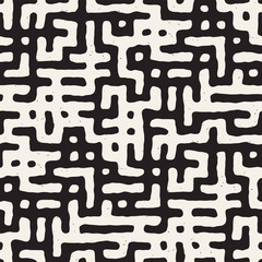 Vector Seamless Black And White Rounded Irregular Maze Pattern. Abstract Hand Drawn Background