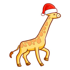 Funny and cute giraffe wearing Santa's hat for Christmas and smiling - vector.