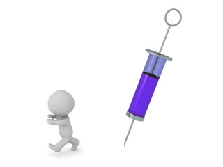 3D Character Running Away from Large Syringe