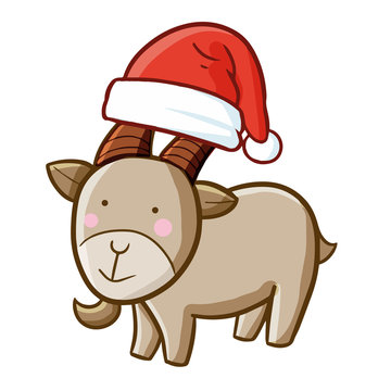 Funny and cute goat wearing Santa's hat and smiling - vector.