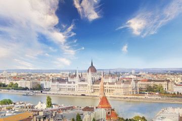 Beautiful view of the Hungarian Parliament on the Danube waterfront in Budapest, Hungary