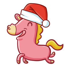 Cute and funny pink horse wearing Santa's hat for Christmas and smiling - vector.