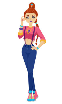stylish woman pink top blue jeans pose clip art preview