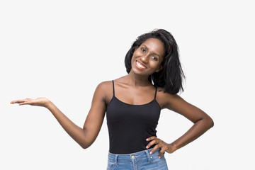 Woman showing product on left