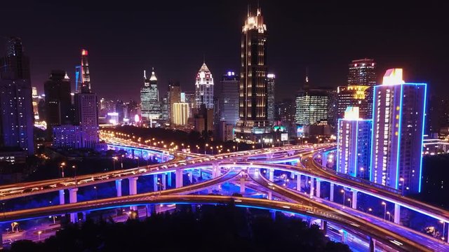 Aerial hyperlapse video of highway traffic at night in Shanghai