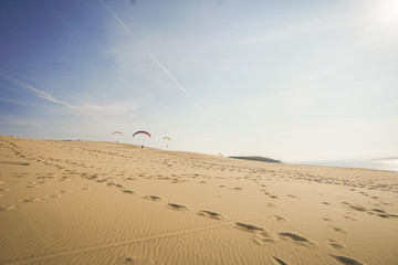 Paraglider at the Dune of Pilat - the tallest sand dune in Europe. The dune is located in Arcachon Bay area, France