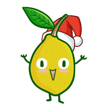 Funny and cute lemon wearing Santa's hat for Christmas and smiling - vector.