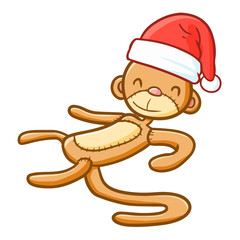 Funny and cute monkey doll Santa's hat for Christmas and smiling - vector.