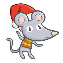 Funny and cute dancing mouse wearing Santa's hat for Christmas and smiling - vector.