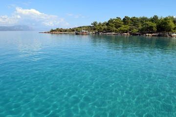 Fototapeta na wymiar Seascape on Cleopatra island Gokova Bay, Marmaris, Turkey