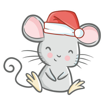 Cute and funny mouse wearing Santa's hat for Christmas sitting and smiling - vector.