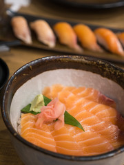 Salmon Donburi Fresh salmon sashimi on vinegared rice, japanese food.